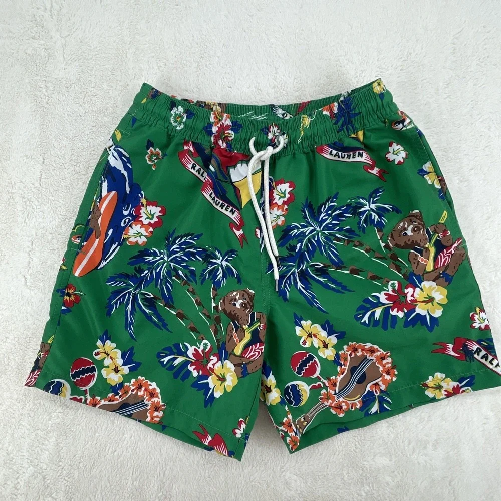 Polo Ralph Lauren Bear Swim Trunks Shorts Hawaiian Green S Maximalist EUC
